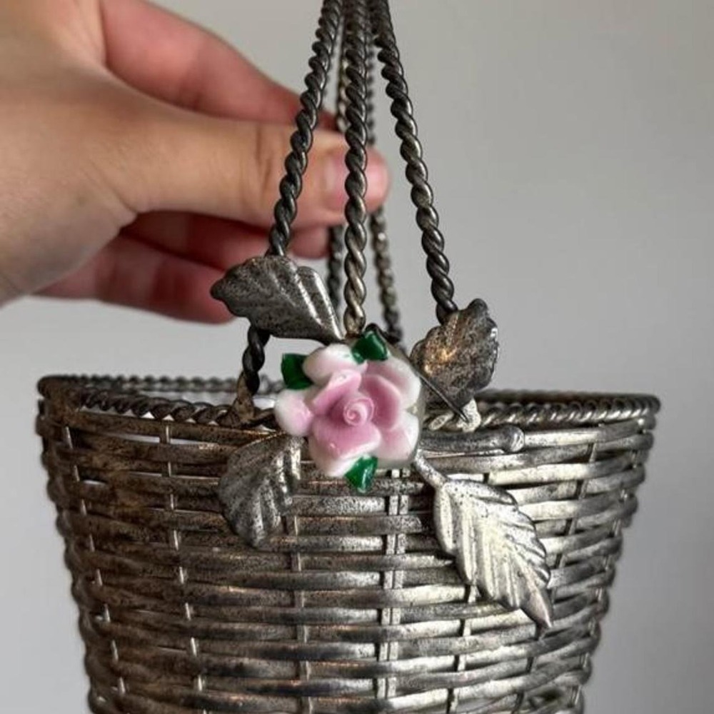 Vintage Silver Metal Woven Basket Pink Porcelain Rose Cottagecore Decor